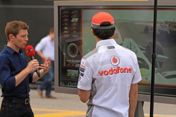 World © Octane Photographic Ltd. F1 Spanish GP Thursday 9th May 2013. Paddock and pitlane. Vodafone McLaren Mercedes - Sergio Perez being interviewed by Anthony Davidson of Sky Sports F1. Digital Ref : 0654cb7d8739