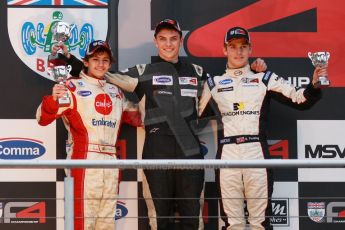 World © Octane Photographic Ltd. Brands Hatch, Race 4 Podium, Sunday 24th November 2013. BRDC Formula 4 Winter Series, MSV F4-13, – Kieran Vernon (1st) - Hillspeed, Pietro Fittipaldi (2nd) – MGR and Sennan Fielding (3rd) – HHC Motorsport. Digital Ref : 0868cb1d8007