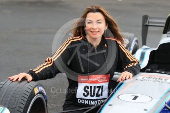 World © Octane Photographic Ltd. 5th February 2016 – Donington Park Racetrack. Suzi Perry launches the 2016 Donington Park Summer Running Festival with a Formula e car. Digital Ref : 1500CB1D0504