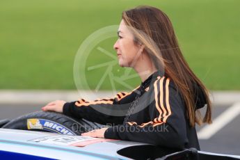 World © Octane Photographic Ltd. 5th February 2016 – Donington Park Racetrack. Suzi Perry launches the 2016 Donington Park Summer Running Festival with a Formula e car. Digital Ref : 1500CB1D0522