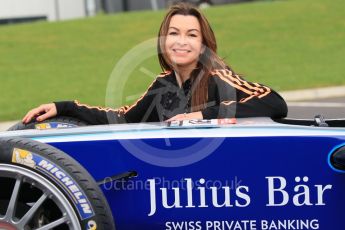 World © Octane Photographic Ltd. 5th February 2016 – Donington Park Racetrack. Suzi Perry launches the 2016 Donington Park Summer Running Festival with a Formula e car. Digital Ref : 1500CB1D0529