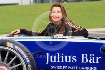 World © Octane Photographic Ltd. 5th February 2016 – Donington Park Racetrack. Suzi Perry launches the 2016 Donington Park Summer Running Festival with a Formula e car. Digital Ref : 1500CB1D0532