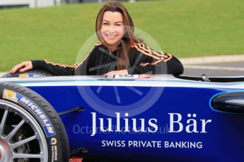 World © Octane Photographic Ltd. 5th February 2016 – Donington Park Racetrack. Suzi Perry launches the 2016 Donington Park Summer Running Festival with a Formula e car. Digital Ref : 1500CB1D0536