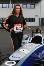 World © Octane Photographic Ltd. 5th February 2016 – Donington Park Racetrack. Suzi Perry launches the 2016 Donington Park Summer Running Festival with a Formula e car. Digital Ref : 1500CB7D6180