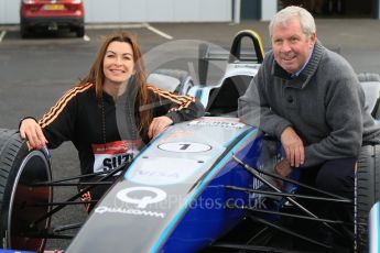 World © Octane Photographic Ltd. 5th February 2016 – Donington Park Racetrack. Suzi Perry and Brendan Foster launch the 2016 Donington Park Summer Running Festival with a Formula e car. Digital Ref : 1500CB7D6244