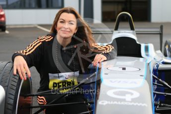 World © Octane Photographic Ltd. 5th February 2016 – Donington Park Racetrack. Suzi Perry launches the 2016 Donington Park Summer Running Festival with a Formula e car. Digital Ref : 1500CB7D6248