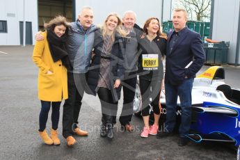 World © Octane Photographic Ltd. 5th February 2016 – Donington Park Racetrack. Suzi Perry and Brendan Foster launch the 2016 Donington Park Summer Running Festival with a Formula e car. Digital Ref : 1500CB7D6279