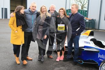 World © Octane Photographic Ltd. 5th February 2016 – Donington Park Racetrack. Suzi Perry and Brendan Foster launch the 2016 Donington Park Summer Running Festival with a Formula e car. Digital Ref : 1500CB7D6289
