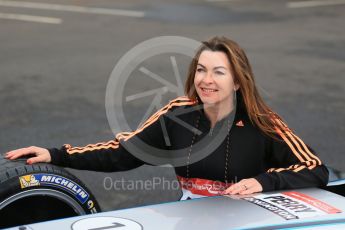World © Octane Photographic Ltd. 5th February 2016 – Donington Park Racetrack. Suzi Perry launches the 2016 Donington Park Summer Running Festival with a Formula e car. Digital Ref : 1500LB1D6690