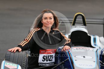 World © Octane Photographic Ltd. 5th February 2016 – Donington Park Racetrack. Suzi Perry launches the 2016 Donington Park Summer Running Festival with a Formula e car. Digital Ref : 1500LB1D6709