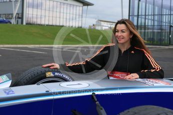 World © Octane Photographic Ltd. 5th February 2016 – Donington Park Racetrack. Suzi Perry launches the 2016 Donington Park Summer Running Festival with a Formula e car. Digital Ref : 1500LB5D6343