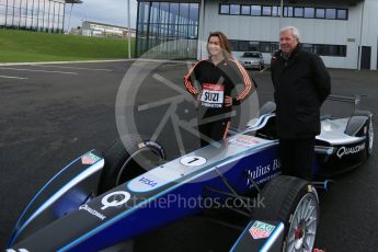 World © Octane Photographic Ltd. 5th February 2016 – Donington Park Racetrack. Suzi Perry and Brendan Foster launch the 2016 Donington Park Summer Running Festival with a Formula e car. Digital Ref : 1500LB5D6351