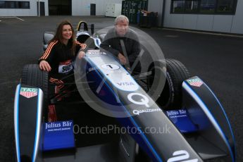 World © Octane Photographic Ltd. 5th February 2016 – Donington Park Racetrack. Suzi Perry and Brendan Foster launch the 2016 Donington Park Summer Running Festival with Formula e car. Digital Ref : 1500LB5D6377