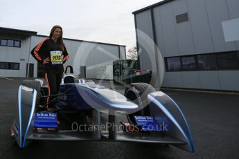 World © Octane Photographic Ltd. 5th February 2016 – Donington Park Racetrack. Suzi Perry launches the 2016 Donington Park Summer Running Festival with a Formula e car. Digital Ref : 1500LB5D6388