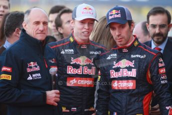 World © Octane Photographic Ltd. 2014 Formula 1 Winter Testing, Circuito de Velocidad, Jerez. Tuesday 27th January 2014. Day 1. Scuderia Toro Rosso STR9 – Launch. Franz Tost, Jean-Eric Vergne and Daniil Kvyat. Digital Ref: 0880cb1d8943