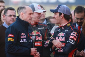 World © Octane Photographic Ltd. 2014 Formula 1 Winter Testing, Circuito de Velocidad, Jerez. Tuesday 27th January 2014. Day 1. Scuderia Toro Rosso STR9 – Launch. Franz Tost, Jean-Eric Vergne and Daniil Kvyat. Digital Ref: 0880cb1d8950