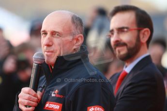 World © Octane Photographic Ltd. 2014 Formula 1 Winter Testing, Circuito de Velocidad, Jerez. Tuesday 27th January 2014. Day 1. Scuderia Toro Rosso STR9 – Launch. Franz Tost and Cepsa. Digital Ref: 0880cb1d8967