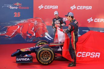 World © Octane Photographic Ltd. 2014 Formula 1 Winter Testing, Circuito de Velocidad, Jerez. Tuesday 27th January 2014. Day 1. Scuderia Toro Rosso STR9 – Launch. Jean-Eric Vergne and Daniil Kvyat. Digital Ref: 0880lw7d7074