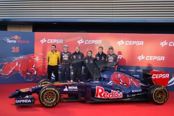 World © Octane Photographic Ltd. 2014 Formula 1 Winter Testing, Circuito de Velocidad, Jerez. Tuesday 27th January 2014. Day 1. Scuderia Toro Rosso STR9 – Launch. Cepsa, Franz Tost, Jean-Eric Vergne and Daniil Kvyat. Digital Ref: 0880lw7d7121