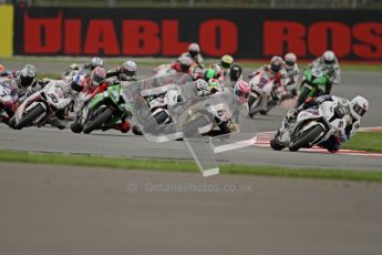 © Octane Photographic Ltd. World Superbike Championship – Silverstone, Race 1. Sunday 5th August 2012. Leon Haslam leads the pack on the 1st start - BMW S1000RR - BMW Motorrad Motorsport. Digital Ref :