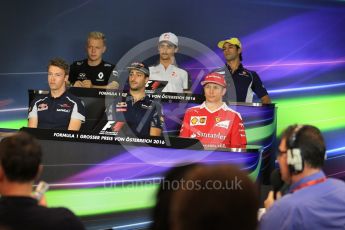 World © Octane Photographic Ltd. F1 Austrian GP FIA Drivers’ Press Conference, Red Bull Ring, Spielberg, Austria. Thursday 30th June 2016. Haas F1 Team - Esteban Gutierrez, Scuderia Toro Rosso – Daniil Kvyat, Renault Sport F1 Team - Kevin Magnussen, Sauber F1 Team – Felipe Nasr, Scuderia Ferrari – Kimi Raikkonen and Red Bull Racing – Daniel Ricciardo. Digital Ref :1596LB1D4934