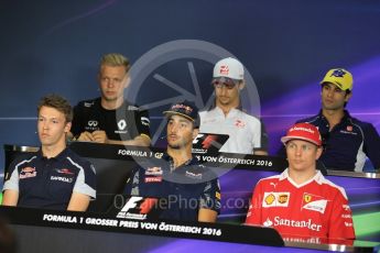 World © Octane Photographic Ltd. F1 Austrian GP FIA Drivers’ Press Conference, Red Bull Ring, Spielberg, Austria. Thursday 30th June 2016. Haas F1 Team - Esteban Gutierrez, Scuderia Toro Rosso – Daniil Kvyat, Renault Sport F1 Team - Kevin Magnussen, Sauber F1 Team – Felipe Nasr, Scuderia Ferrari – Kimi Raikkonen and Red Bull Racing – Daniel Ricciardo. Digital Ref :1596LB1D4938