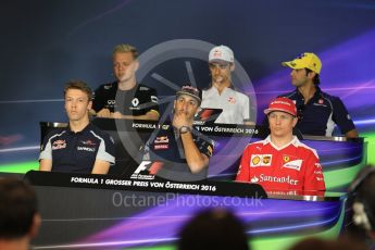 World © Octane Photographic Ltd. F1 Austrian GP FIA Drivers’ Press Conference, Red Bull Ring, Spielberg, Austria. Thursday 30th June 2016. Haas F1 Team - Esteban Gutierrez, Scuderia Toro Rosso – Daniil Kvyat, Renault Sport F1 Team - Kevin Magnussen, Sauber F1 Team – Felipe Nasr, Scuderia Ferrari – Kimi Raikkonen and Red Bull Racing – Daniel Ricciardo. Digital Ref :1596LB1D4946