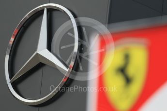 World © Octane Photographic Ltd. Mercedes logo with – Ferrari logo. Thursday 30th June 2016, F1 Austrian GP Paddock, Red Bull Ring, Spielberg, Austria. Digital Ref : 1594CB1D1404