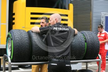 World © Octane Photographic Ltd. Mercedes AMG Petronas and intermediate tyres. Thursday 30th June 2016, F1 Austrian GP Paddock, Red Bull Ring, Spielberg, Austria. Digital Ref :1594CB5D2539