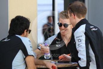 World © Octane Photographic Ltd. Sahara Force India VJM09 - Sergio Perez and Nico Hulkenberg. Thursday 24th November 2016, F1 Abu Dhabi GP - Paddock, Yas Marina circuit, Abu Dhabi. Digital Ref :