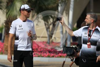 World © Octane Photographic Ltd. F1 Singapore GP paddock prior to the FIA Driver Press Conference part1, Yas Marina circuit, Abu Dhabi. Thursday 24th November 2016. McLaren Honda – Jenson Button . Digital Ref :