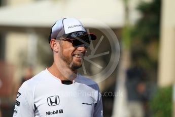 World © Octane Photographic Ltd. F1 Singapore GP paddock prior to the FIA Driver Press Conference part1, Yas Marina circuit, Abu Dhabi. Thursday 24th November 2016. McLaren Honda – Jenson Button . Digital Ref :