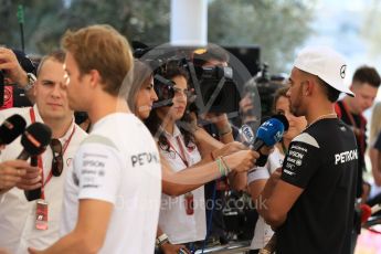 World © Octane Photographic Ltd. F1 Singapore GP paddock prior to the FIA Driver Press Conference part2, Yas Marina circuit, Abu Dhabi. Thursday 24th November 2016. Mercedes AMG Petronas – Lewis Hamilton and Nico Rosberg . Digital Ref :