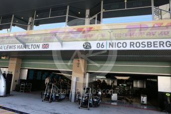 World © Octane Photographic Ltd. Mercedes AMG Petronas garages of Lewis Hamilton and Nico Rosberg. Thursday 24th November 2016, F1 Abu Dhabi GP - Pitlane. Yas Marina circuit, Abu Dhabi. Digital Ref :