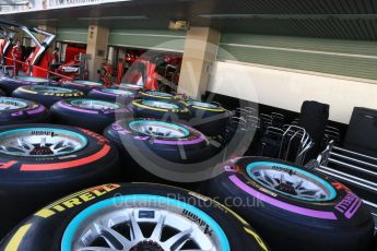 World © Octane Photographic Ltd. Mercedes AMG Petronas wheels with Purple (Ultrasoft), Red (Supersoft) and Yellow (Soft) Pirelli tyres. Thursday 24th November 2016, F1 Abu Dhabi GP - Pitlane. Yas Marina circuit, Abu Dhabi. Digital Ref :
