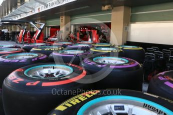 World © Octane Photographic Ltd. Mercedes AMG Petronas wheels with Purple (Ultrasoft), Red (Supersoft) and Yellow (Soft) Pirelli tyres. Thursday 24th November 2016, F1 Abu Dhabi GP - Pitlane. Yas Marina circuit, Abu Dhabi. Digital Ref :