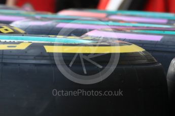 World © Octane Photographic Ltd. Mercedes AMG Petronas wheels with Purple (Ultrasoft), Red (Supersoft) and Yellow (Soft) Pirelli tyres. Thursday 24th November 2016, F1 Abu Dhabi GP - Pitlane. Yas Marina circuit, Abu Dhabi. Digital Ref :