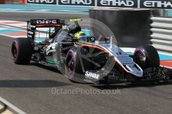 World © Octane Photographic Ltd. Sahara Force India VJM09 - Sergio Perez. Friday 25th November 2016, F1 Abu Dhabi GP - Practice 1, Yas Marina circuit, Abu Dhabi. Digital Ref :