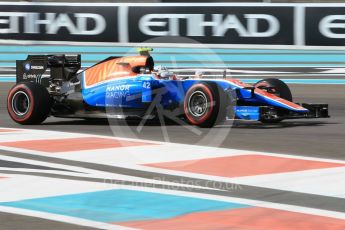World © Octane Photographic Ltd. Manor Racing MRT05 Development Driver – Jordan King. Friday 25th November 2016, F1 Abu Dhabi GP - Practice 1, Yas Marina circuit, Abu Dhabi. Digital Ref :