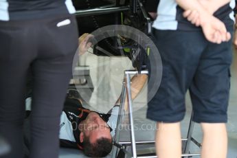 World © Octane Photographic Ltd. Sahara Force India VJM09 - Floor fitting and inspection. Friday 25th November 2016, F1 Abu Dhabi GP - Practice 1, Yas Marina circuit, Abu Dhabi. Digital Ref :