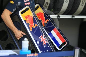 World © Octane Photographic Ltd. Red Bull Racing RB12 – Daniel Ricciardo and Max Verstappen pit boards. Friday 25th November 2016, F1 Abu Dhabi GP - Practice 1, Yas Marina circuit, Abu Dhabi. Digital Ref :
