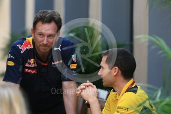 World © Octane Photographic Ltd. Red Bull Racing Team Principal - Christian Horner with Rene Taffin - Renault Sport F1 Engine Technical Director. Friday 25th November 2016, F1 Abu Dhabi GP - Practice 2, Yas Marina circuit, Abu Dhabi. Digital Ref :