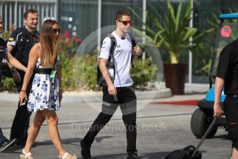 World © Octane Photographic Ltd. McLaren Honda MP4-31 Reserve Driver – Stoffel Vandoorne with girlfriend Angelique Detavernier. Saturday 26th November 2016, F1 Abu Dhabi GP - Paddock, Yas Marina circuit, Abu Dhabi. Digital Ref : 1764CB1D2268