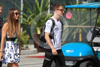 World © Octane Photographic Ltd. McLaren Honda MP4-31 Reserve Driver – Stoffel Vandoorne with girlfriend Angelique Detavernier. Saturday 26th November 2016, F1 Abu Dhabi GP - Paddock, Yas Marina circuit, Abu Dhabi. Digital Ref : 1764CB1D2274