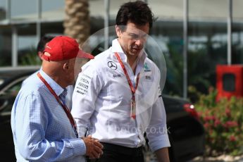 World © Octane Photographic Ltd. Toto Wolff - Executive Director of Mercedes AMG Petronas Formula One Team and Niki Lauda. Saturday 26th November 2016, F1 Abu Dhabi GP - Paddock, Yas Marina circuit, Abu Dhabi. Digital Ref : 1764LB1D9927