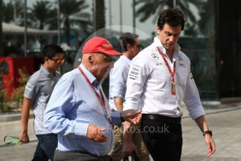 World © Octane Photographic Ltd. Toto Wolff - Executive Director of Mercedes AMG Petronas Formula One Team and Niki Lauda. Saturday 26th November 2016, F1 Abu Dhabi GP - Paddock, Yas Marina circuit, Abu Dhabi. Digital Ref : 1764LB1D9932