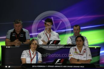 World © Octane Photographic Ltd. F1 GP FIA Personnel Press Conference, Yas Marina circuit, Abu Dhabi. Friday 25th November 2016. Stephen Fitzpatrick – owner of Manor Racing , Monisha Kaltenborn – Team Principal Sauber F1 Team , Otmar Szafnauer – COO (Chief Operating Officer) Sahara Force India, Claire Williams – Deputy Team Principal Williams Martini Racing, Toto Wolff – Executive Director Mercedes AMG Petronas. Digital Ref :