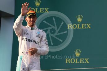 World © Octane Photographic Ltd. Mercedes AMG Petronas – Lewis Hamilton. Sunday 20th March 2016, F1 Australian GP Race - Podium, Melbourne, Albert Park, Australia. Digital Ref : 1525LB1D7681