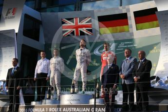 World © Octane Photographic Ltd. Mercedes AMG Petronas – Nico Rosberg, Lewis Hamilton and Scuderia Ferrari – Sebastian Vettel. Sunday 20th March 2016, F1 Australian GP Race - Podium, Melbourne, Albert Park, Australia. Digital Ref : 1525LB1D7771