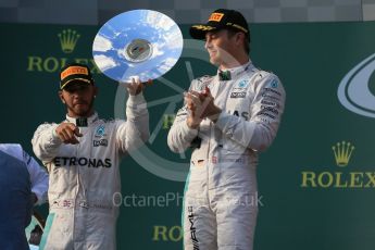 World © Octane Photographic Ltd. Mercedes AMG Petronas – Lewis Hamilton. Sunday 20th March 2016, F1 Australian GP Race - Podium, Melbourne, Albert Park, Australia. Digital Ref : 1525LB1D7886